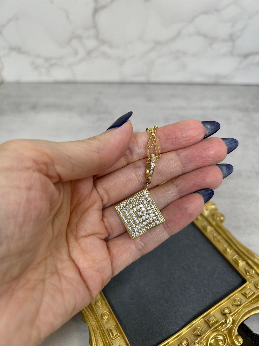 Gold Paperclip Chain Necklace with Pave Square Pendant - Women Jewelry - Picture 6 of 9